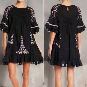 Free People Black Mini Dress with Purple Embroidery